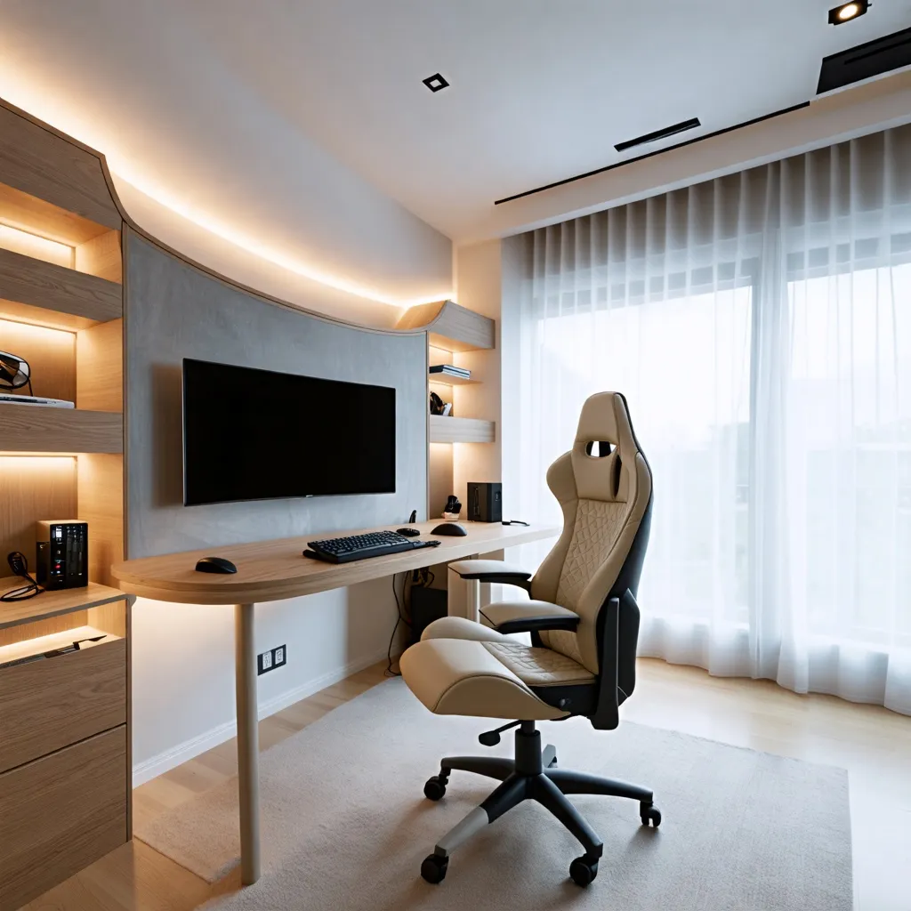Espacio de trabajo moderno y acogedor con iluminación cálida.