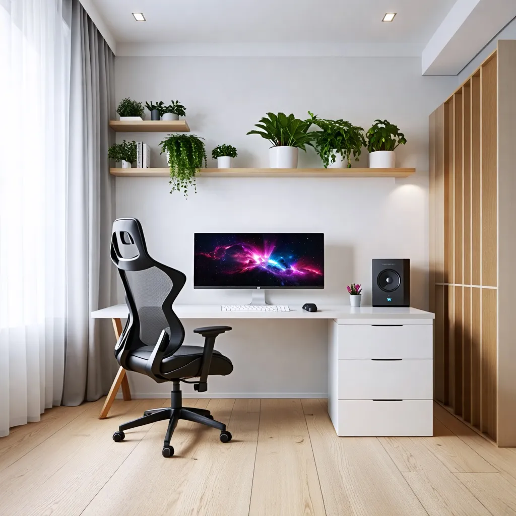 Espacio de trabajo moderno y acogedor con plantas y tecnología.