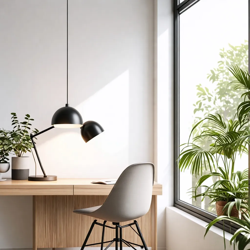 Espacio de trabajo moderno y luminoso con plantas y lámparas de diseño.