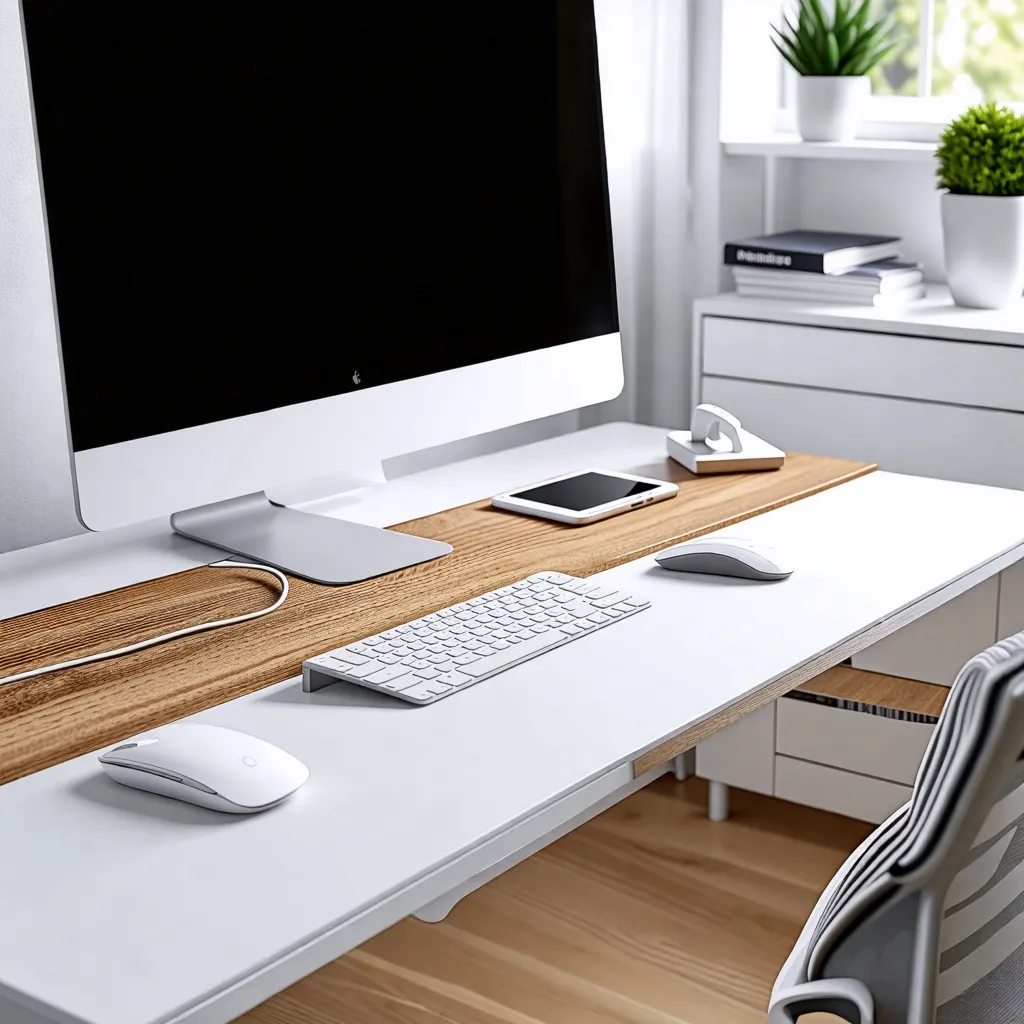 Espacio de trabajo moderno y minimalista con detalles de madera.