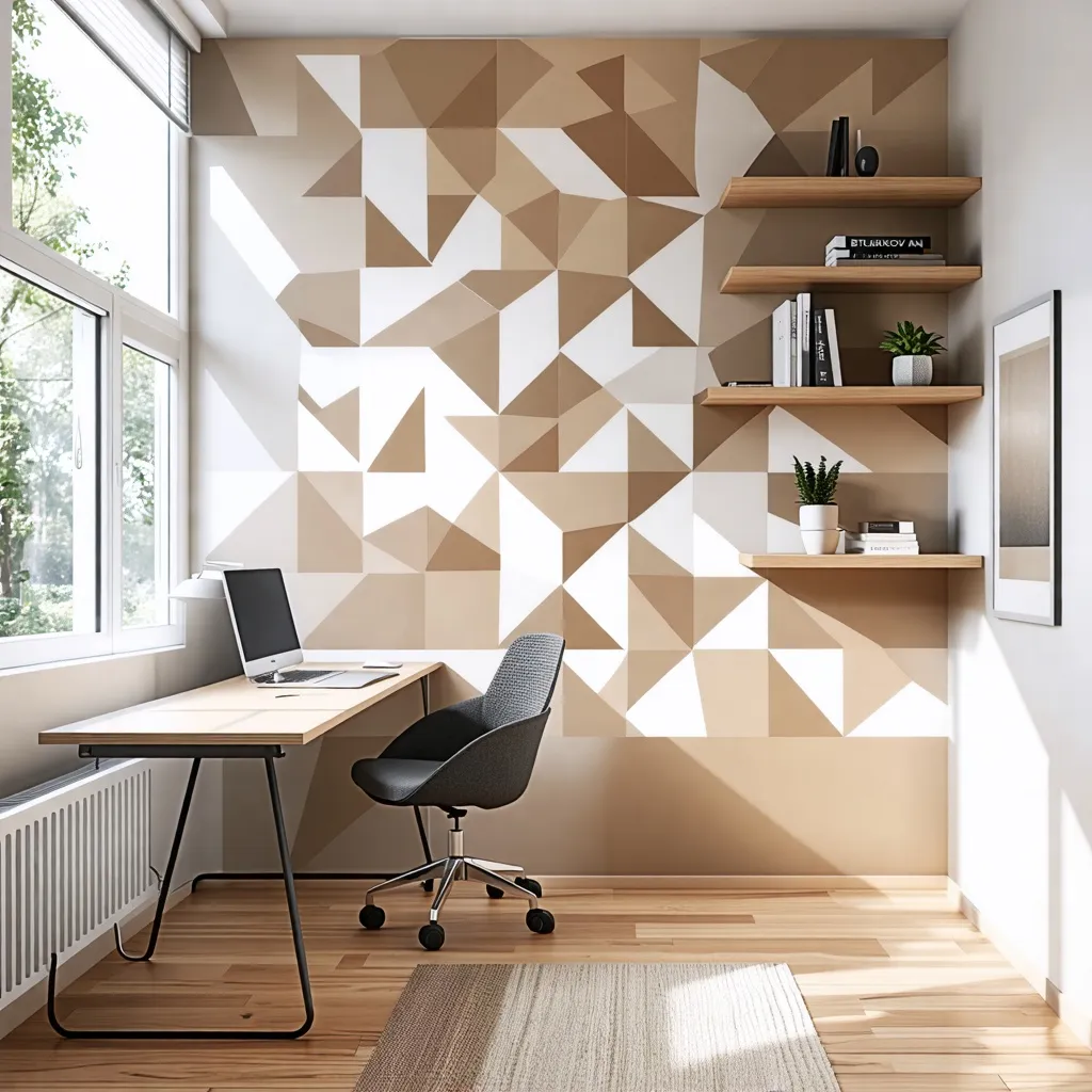 Espacio de trabajo moderno y minimalista con diseño geométrico.