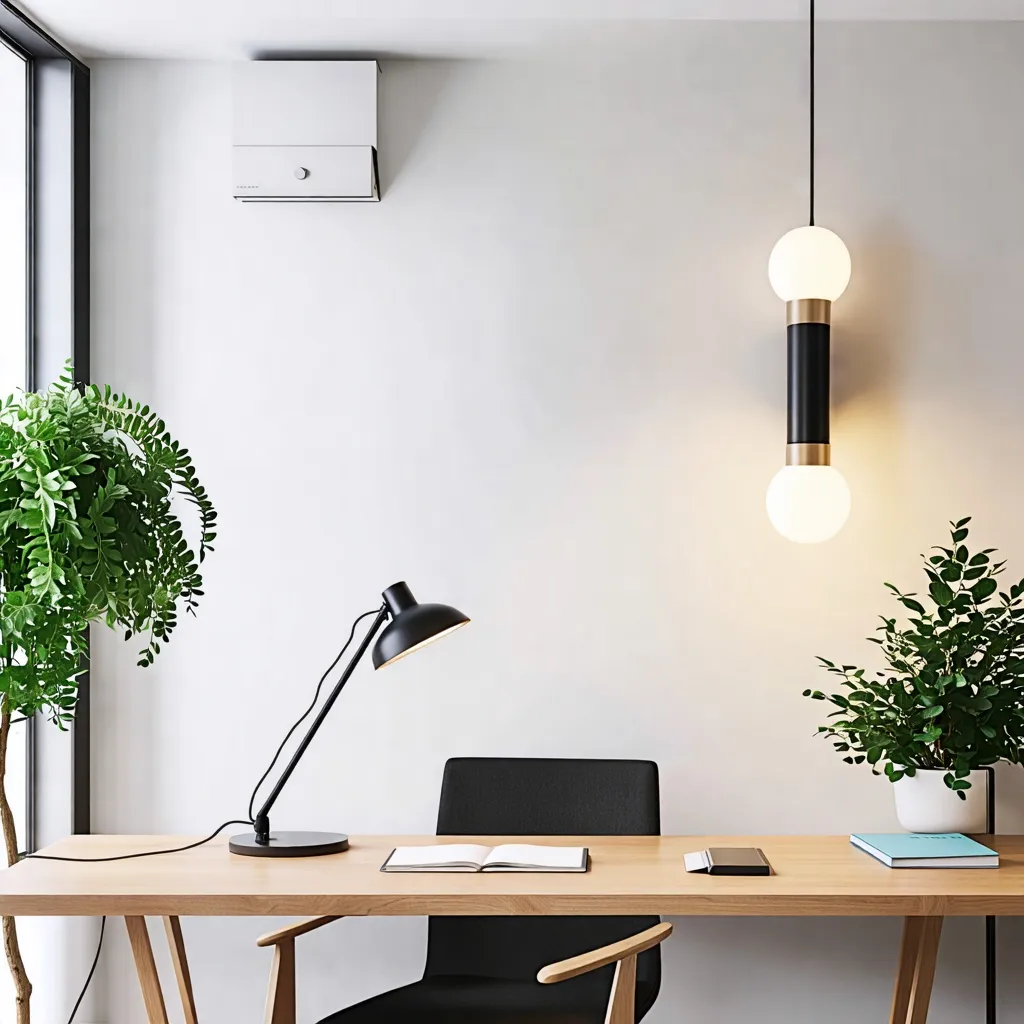 Espacio de trabajo moderno y minimalista con plantas y luces.