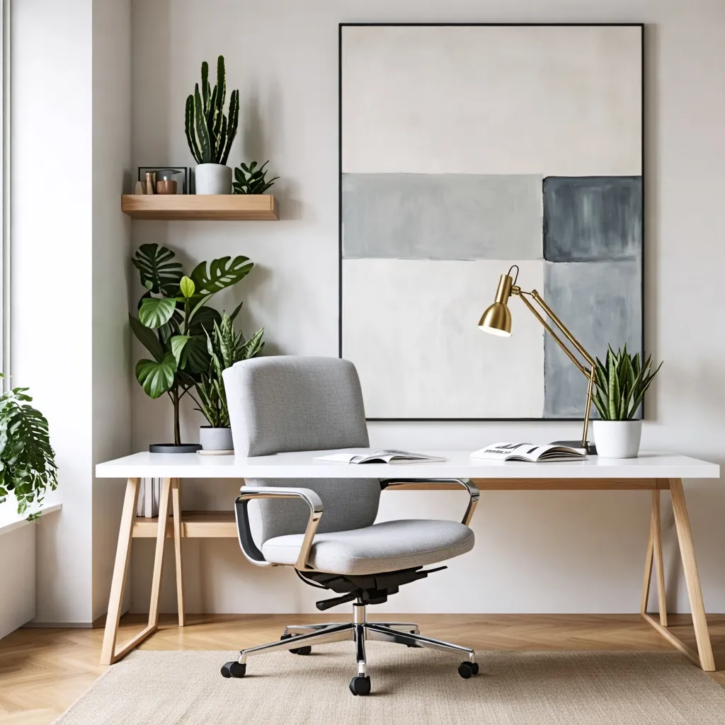 Espacio de trabajo moderno y minimalista con toques naturales.