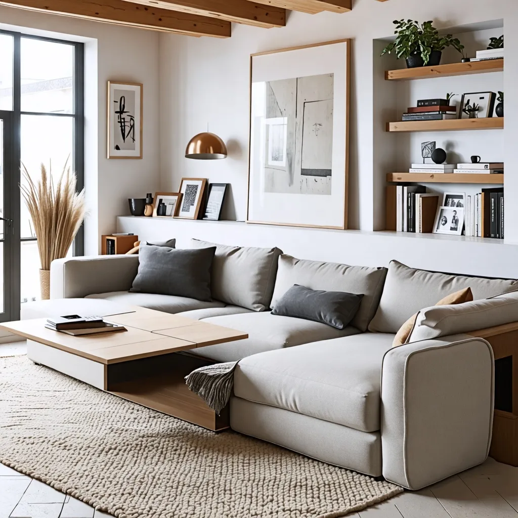 Espacio de vida moderno y acogedor con detalles naturales.