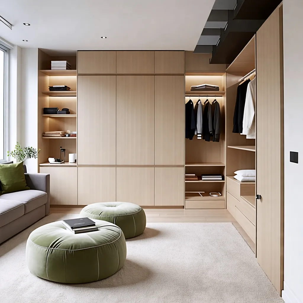 Espacio de vida moderno y funcional con muebles de madera.