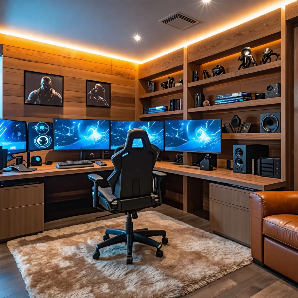 Espectacular estudio de juegos con múltiples pantallas y equipo de última generación.