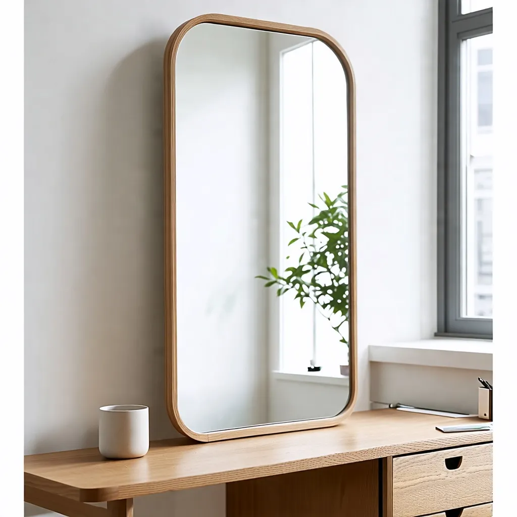 Espejo de madera moderna en un entorno minimalista y natural.