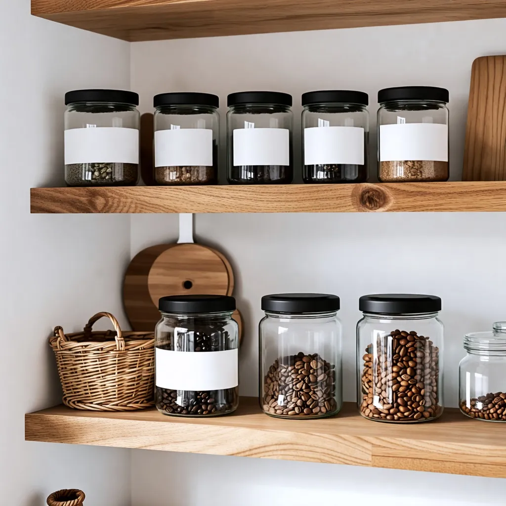 Estantería de cocina con frascos de especias y granos de café.