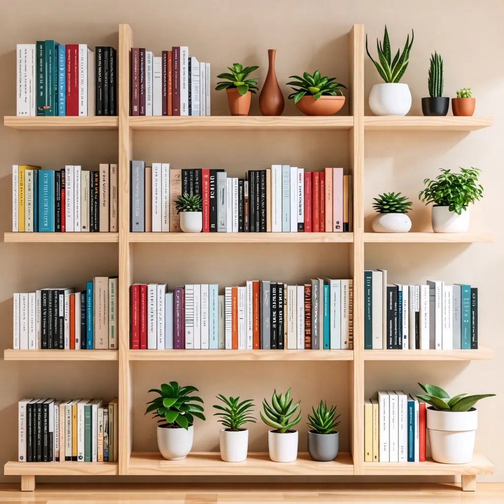 Estantería con libros y plantas decorativas en un acogedor ambiente.