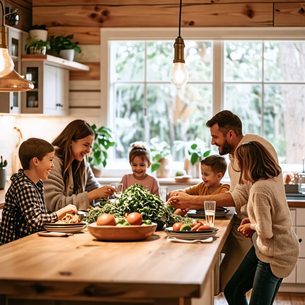 Familia reunida en una cocina acogedora, disfrutando de una comida saludable.