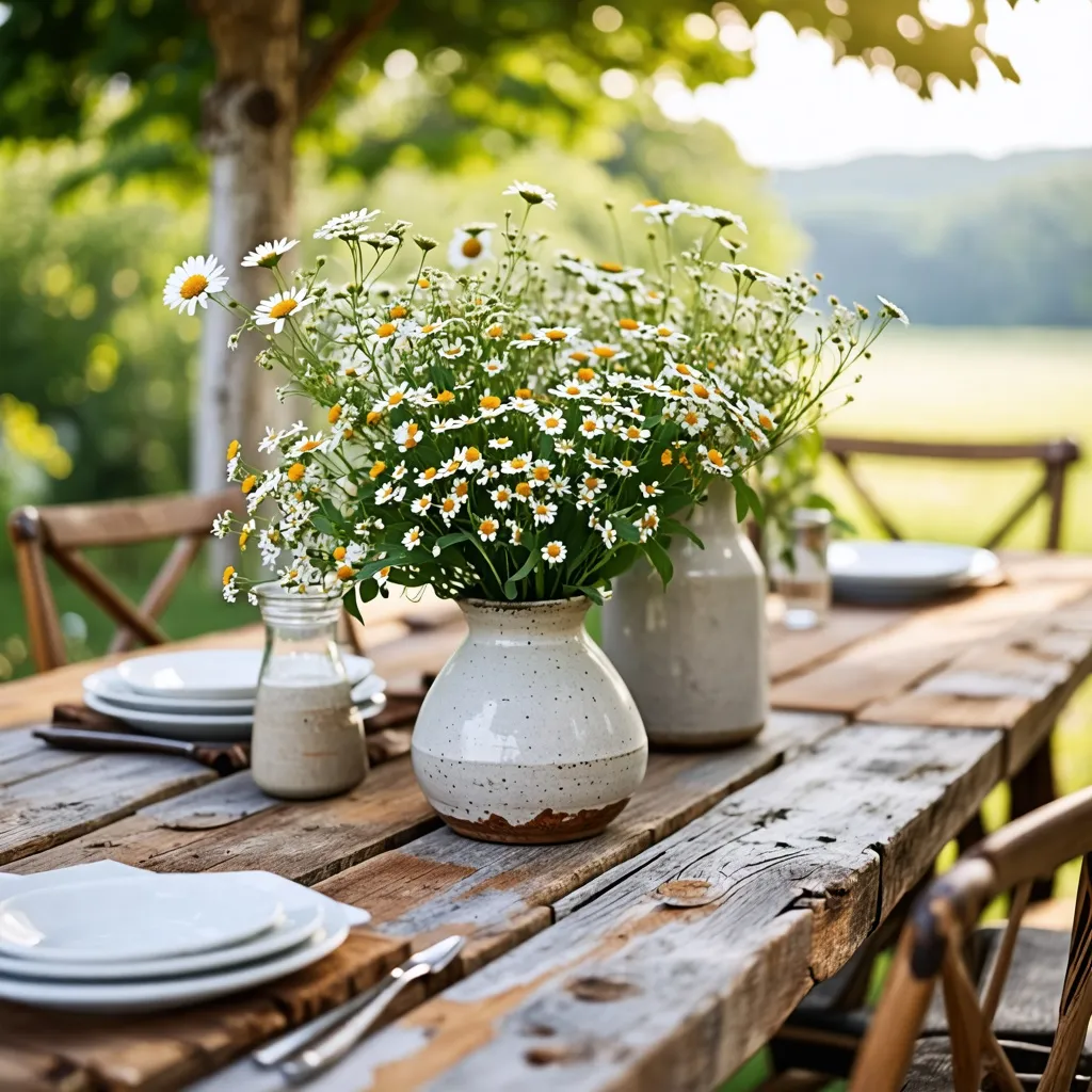 Flores de campo en una mesa rústica: una escena campestre encantadora.