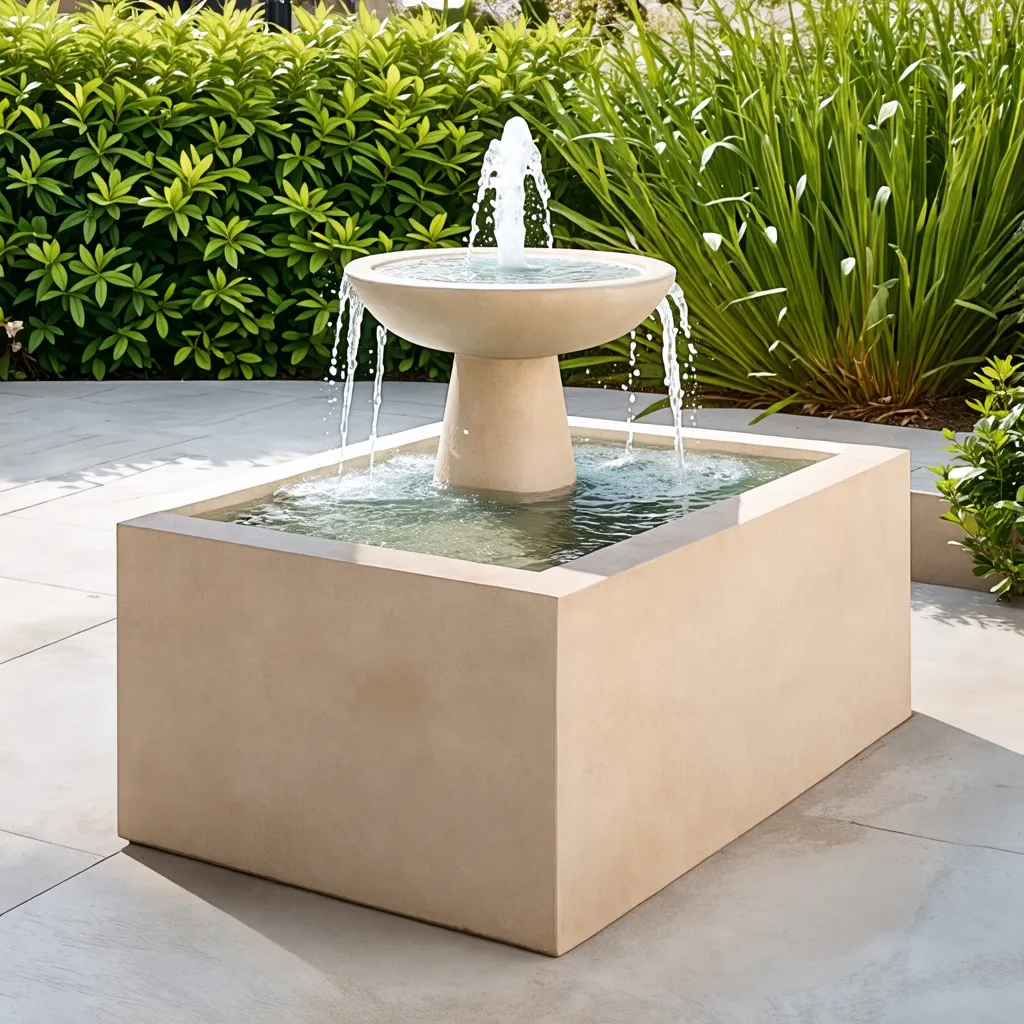 Fuente de agua elegante en un hermoso jardín.