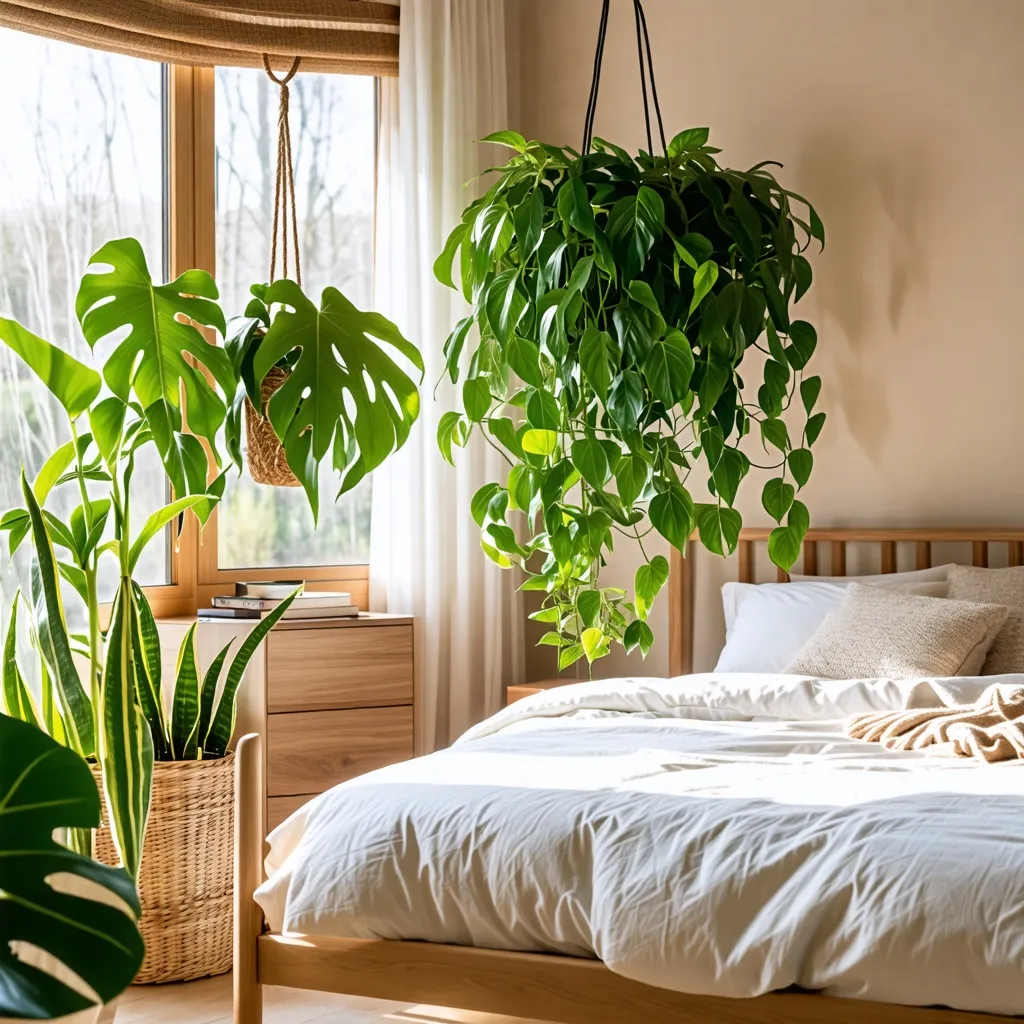 Habitación acogedora con plantas colgantes y vistas al exterior.