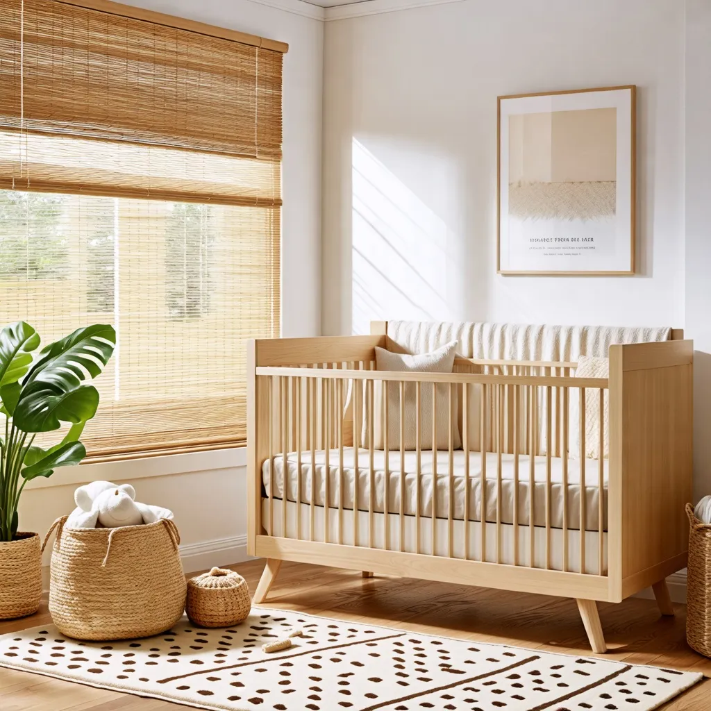Habitación de bebé acogedora con detalles naturales y elegantes.