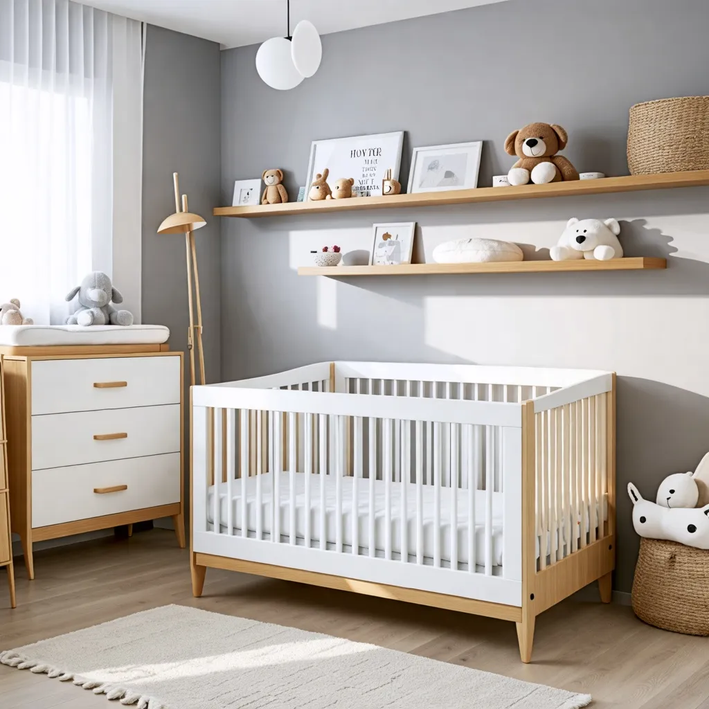 Habitación de bebé acogedora y funcional, con detalles naturales.