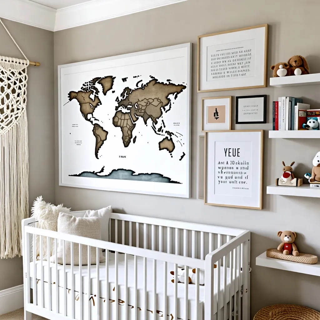 Habitación de bebé acogedora con mapa del mundo y decoración moderna.