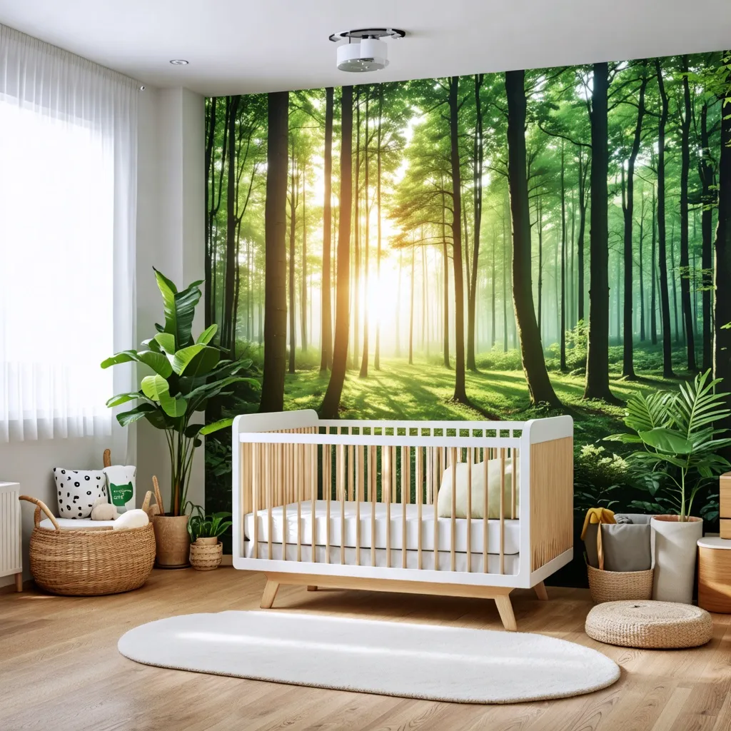 Habitación de bebé con paisaje de bosque natural como fondo.