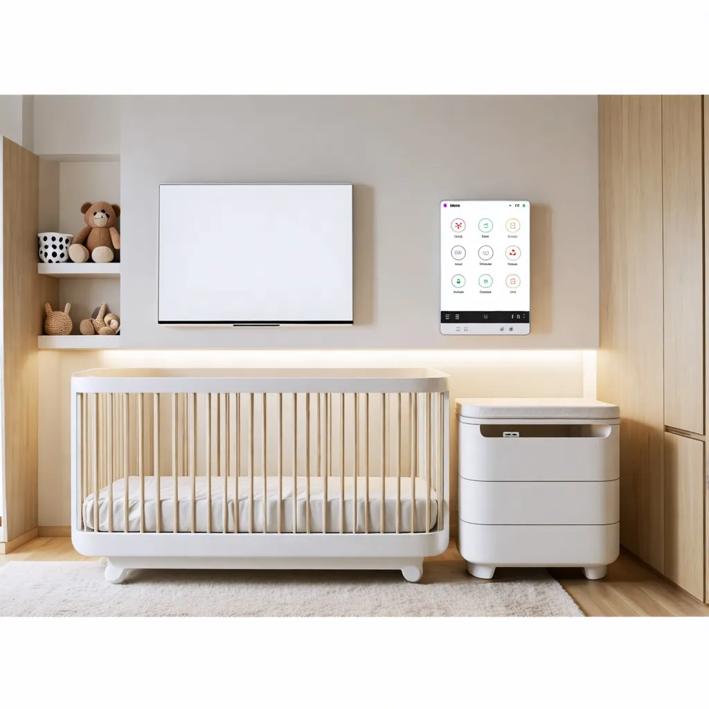 Habitación infantil acogedora y luminosa con cuna y electrodomésticos.