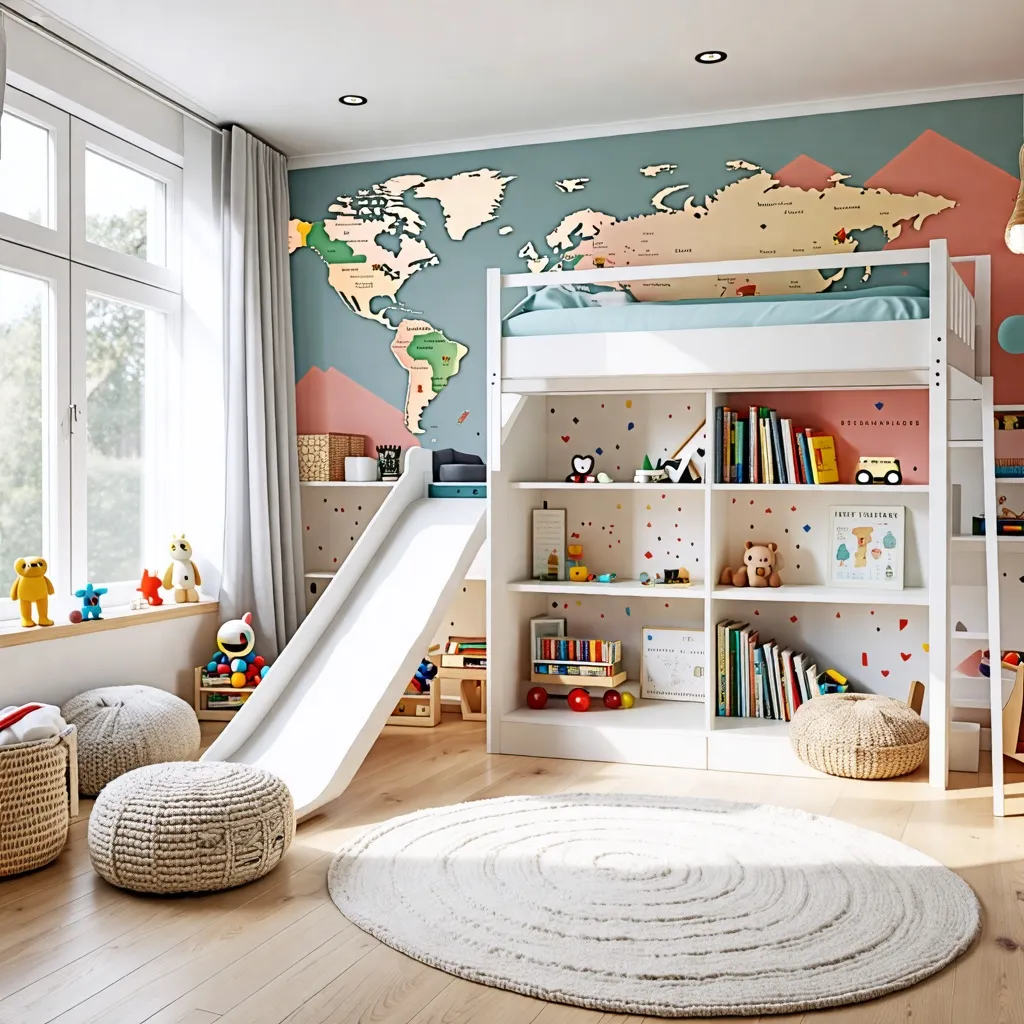 Habitación infantil colorida y organizada con mapa mundial.