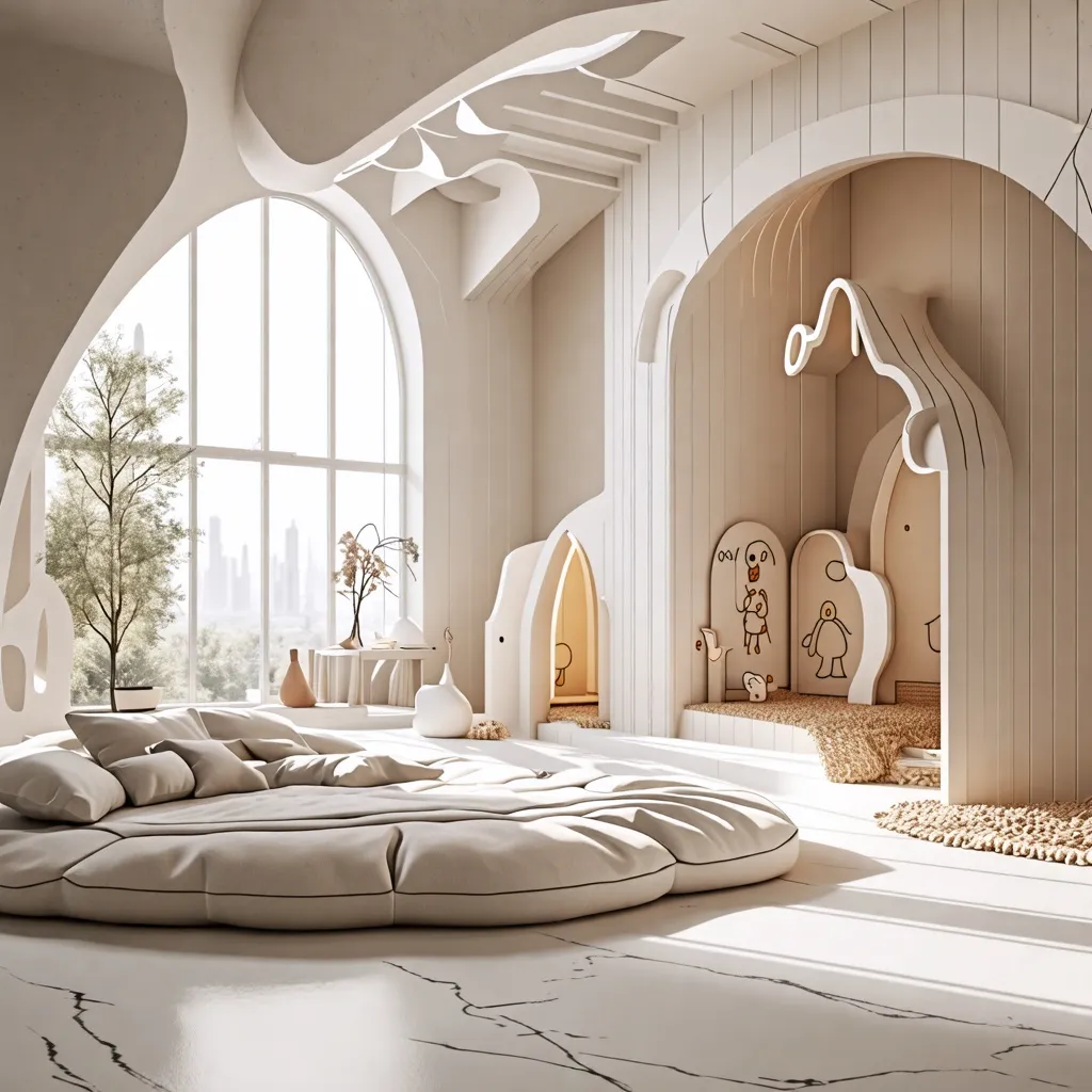 Habitación infantil encantadora con diseño vanguardista y elementos naturales.