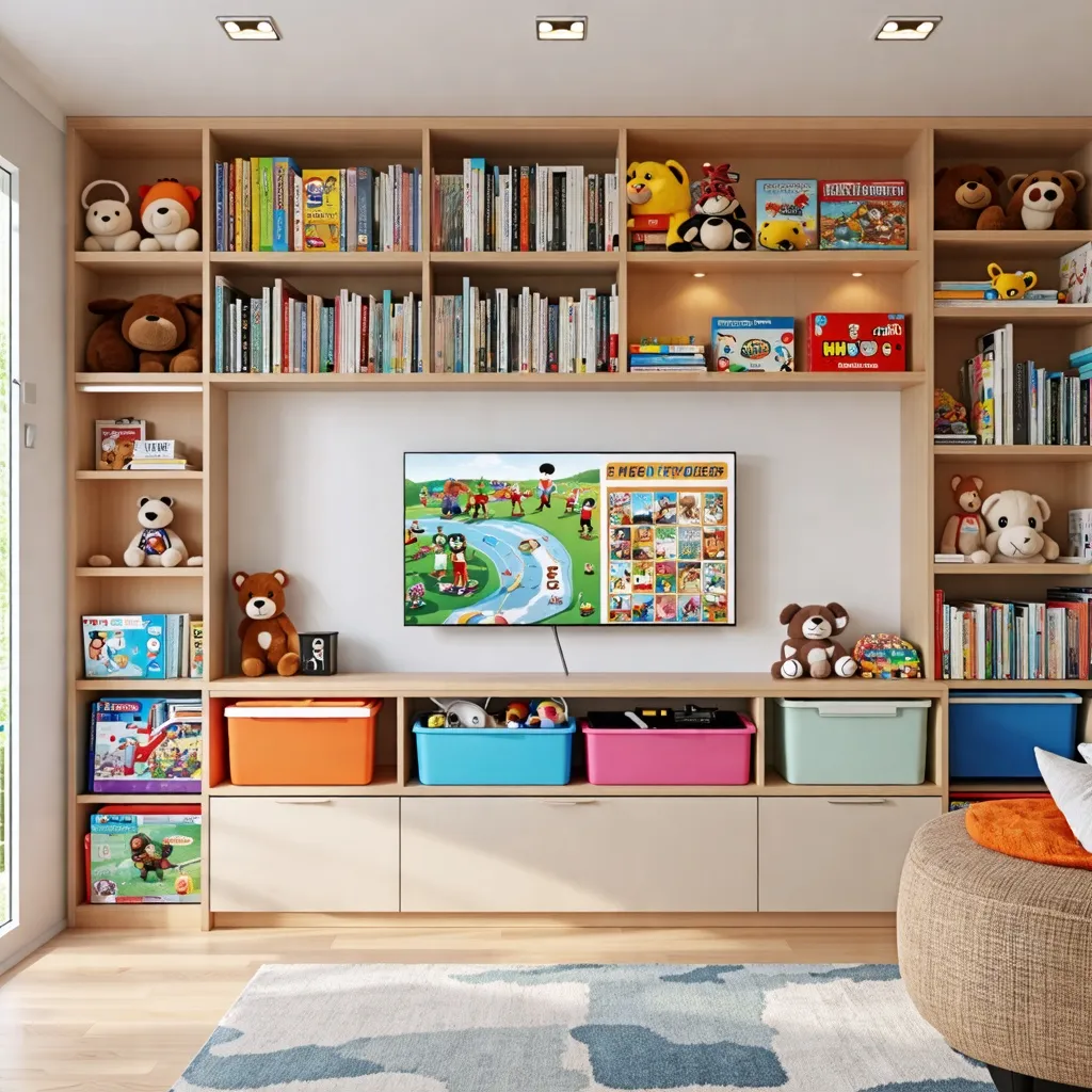 Habitación infantil con estanterías llenas de libros y juguetes.
