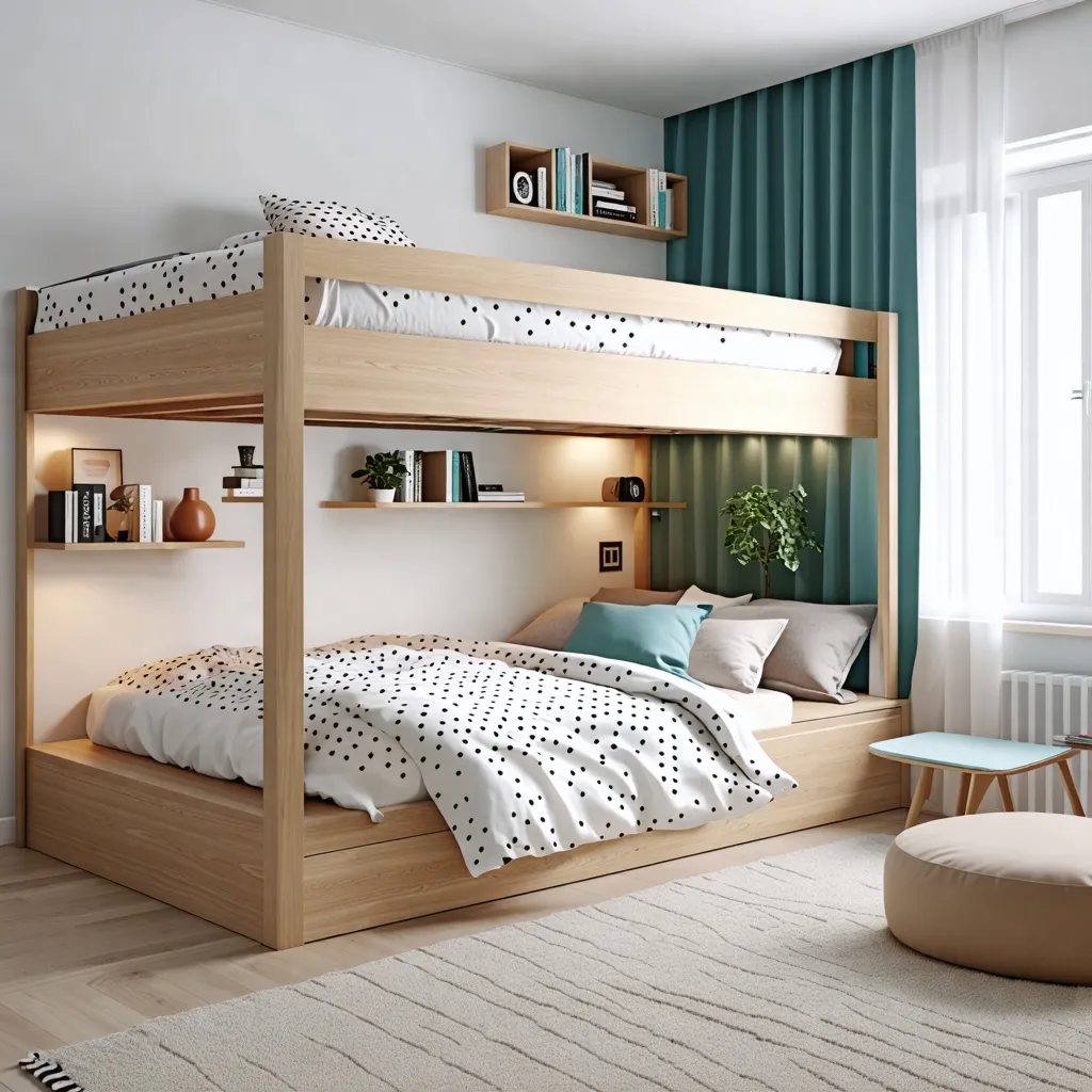 Habitación juvenil acogedora y moderna con cama litera de madera.
