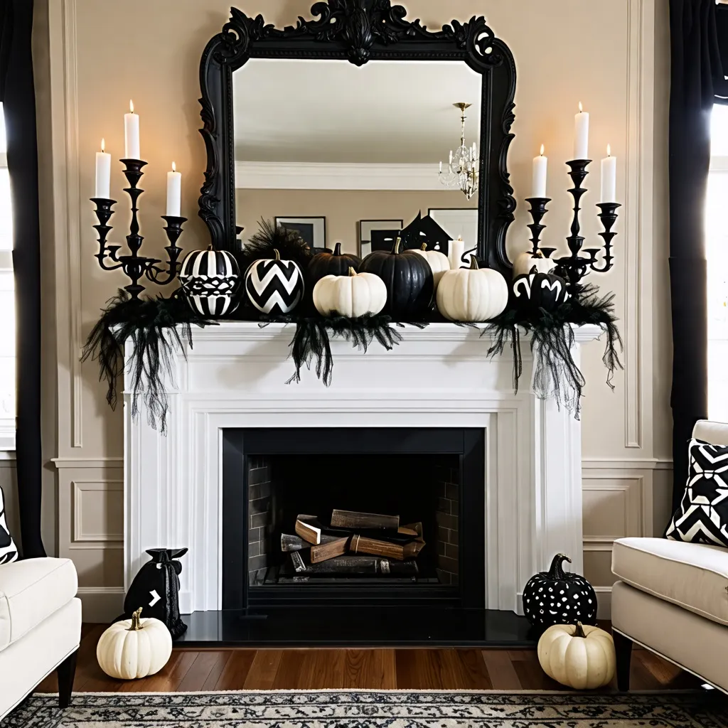 Decoración de Halloween elegante y sofisticada en una chimenea.