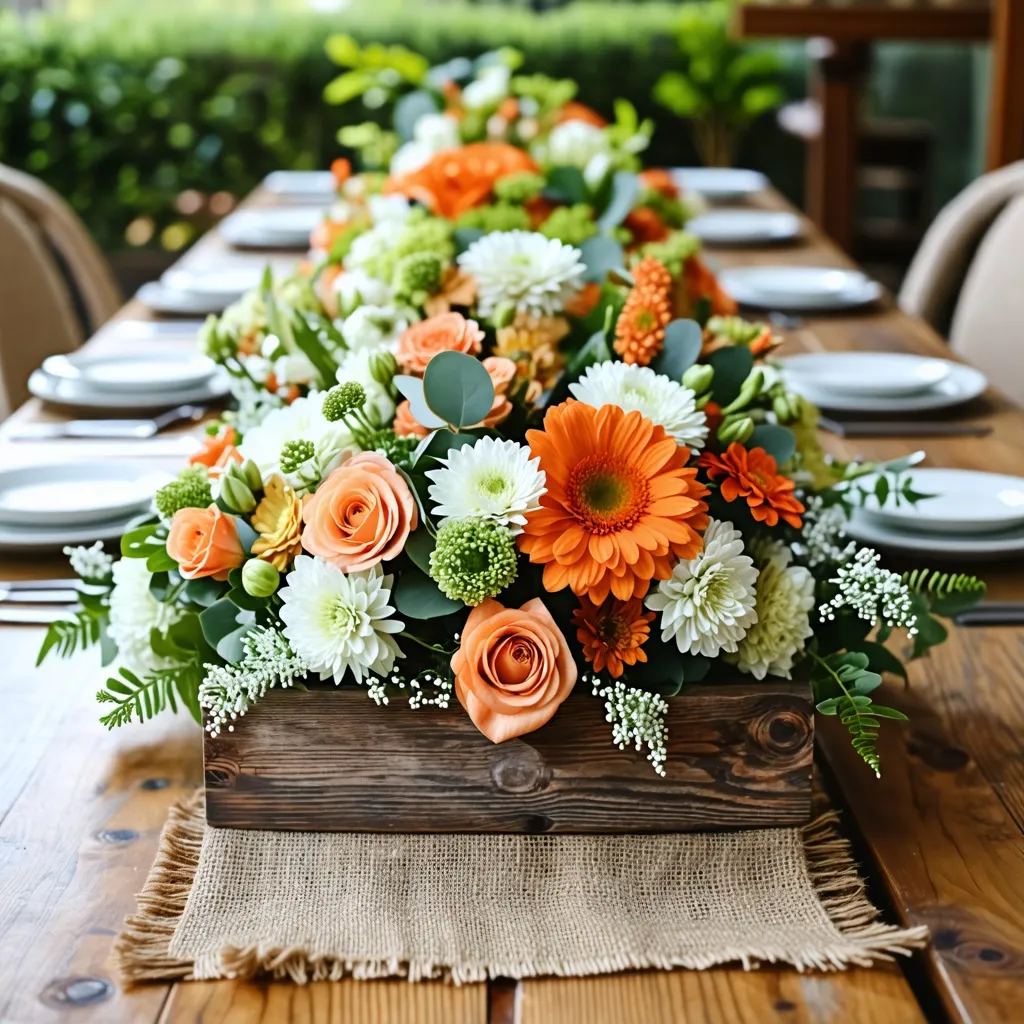 Hermosa composición floral en una mesa rústica, perfecta para una celebración.