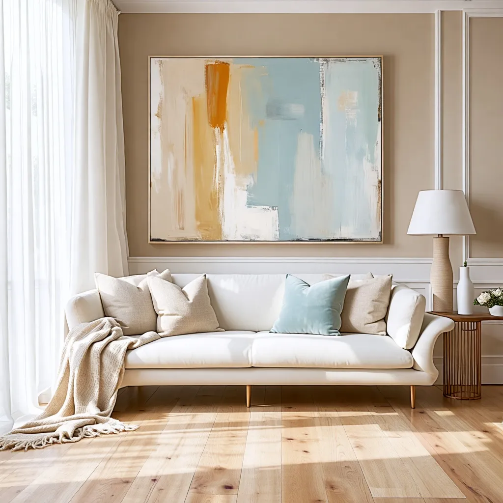 Hogar acogedor con arte abstracto y muebles cálidos.