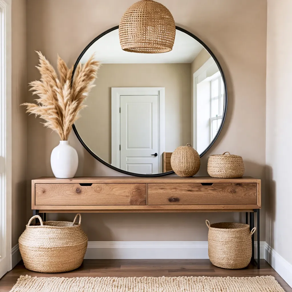 Entrada de hogar acogedora y natural con espejo decorativo.