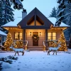 Hogar acogedor en un paisaje nevado, con decoración navideña y ciervos iluminados.