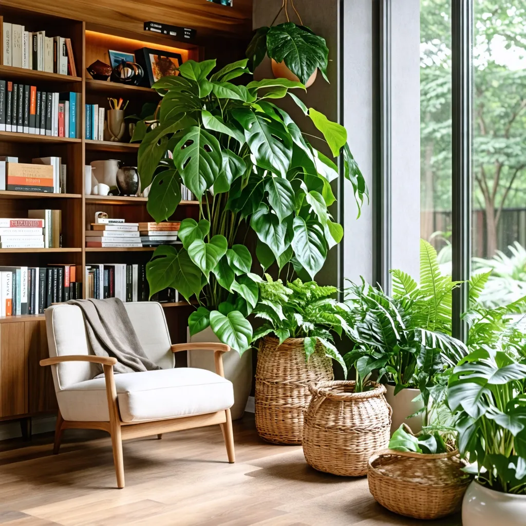 Hogar acogedor con plantas tropicales y estantería de libros.