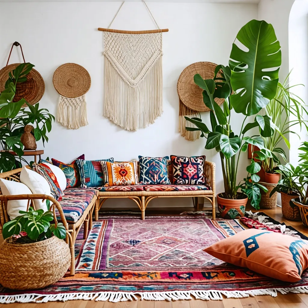 Hogar bohemio: Relajante oasis de texturas y plantas.