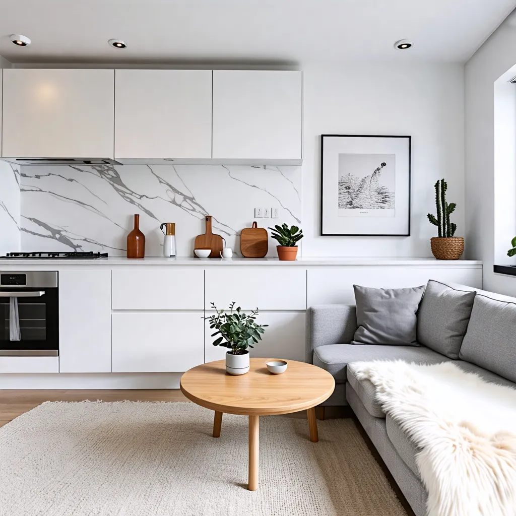 Hogar moderno y acogedor con detalles de madera y plantas.