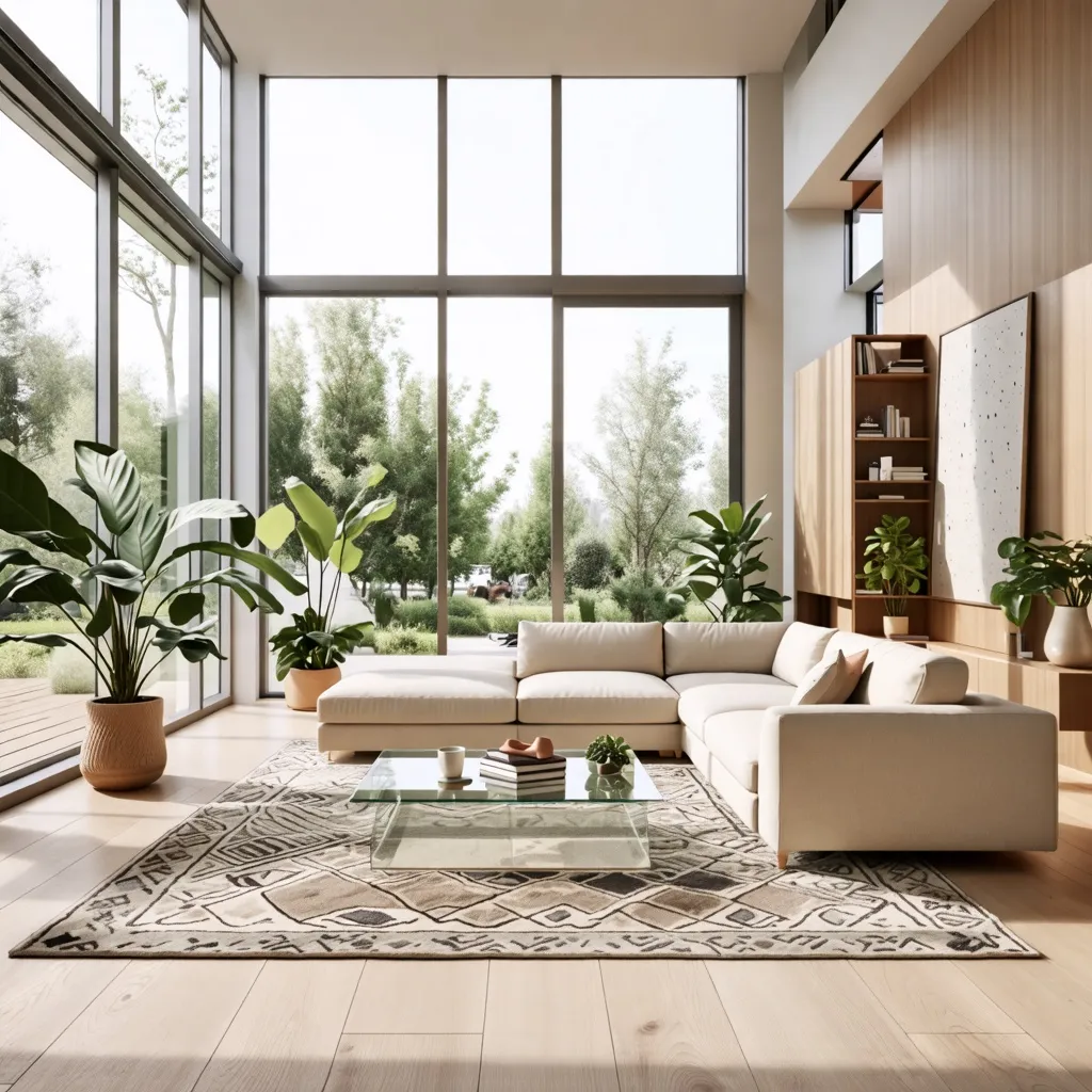 Hogar moderno con amplios ventanales y vegetación exuberante.