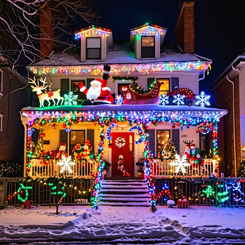 Hogar navideño iluminado con alegría y magia en la nieve.