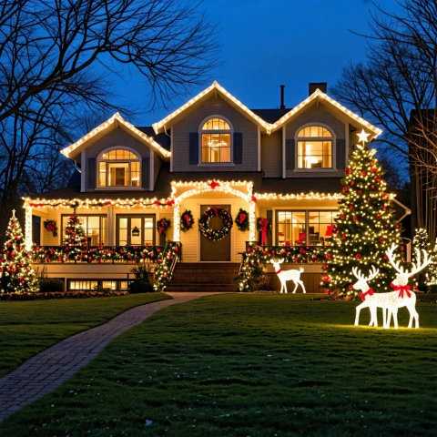 Hogar navideño iluminado en la noche, decorado con luces y adornos.