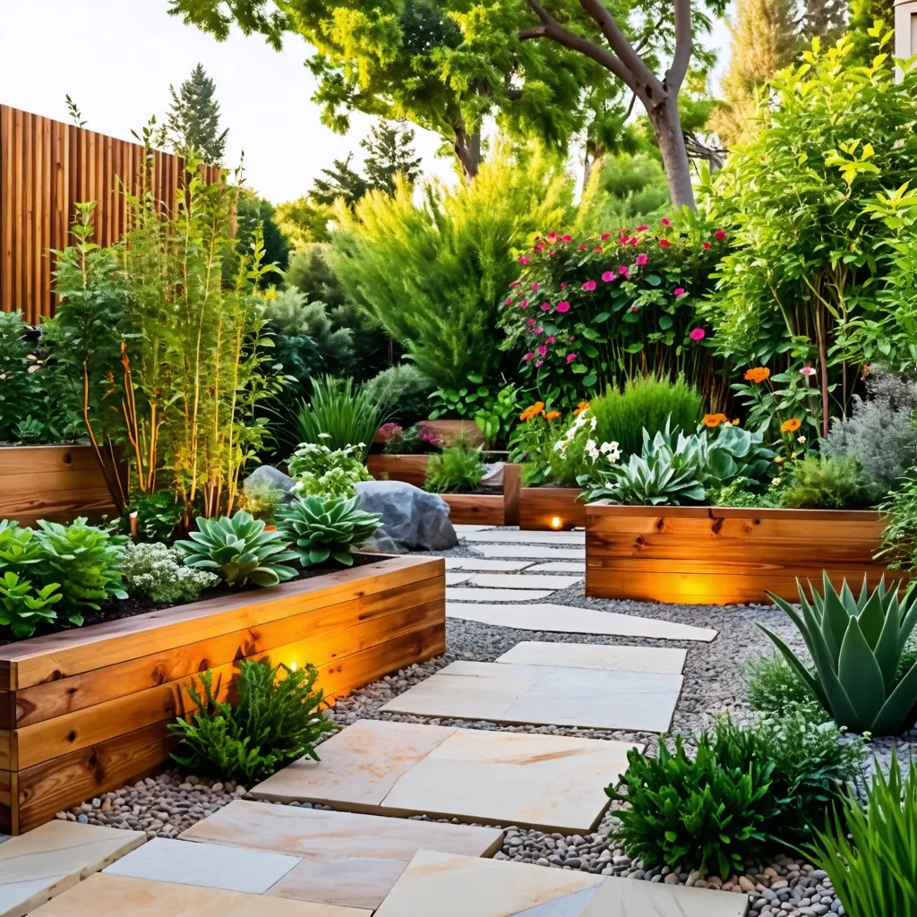 Jardín acogedor con plantas y camino de piedra en tonos cálidos.