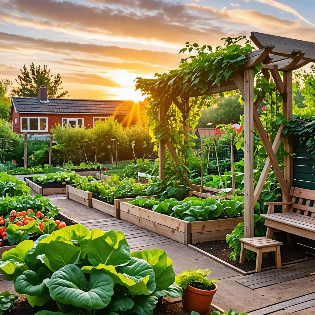 Jardín casero al atardecer, oasis de verdor y serenidad.