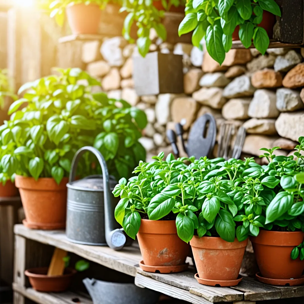 Jardín casero con plantas aromáticas frescas y herramientas de jardinería.