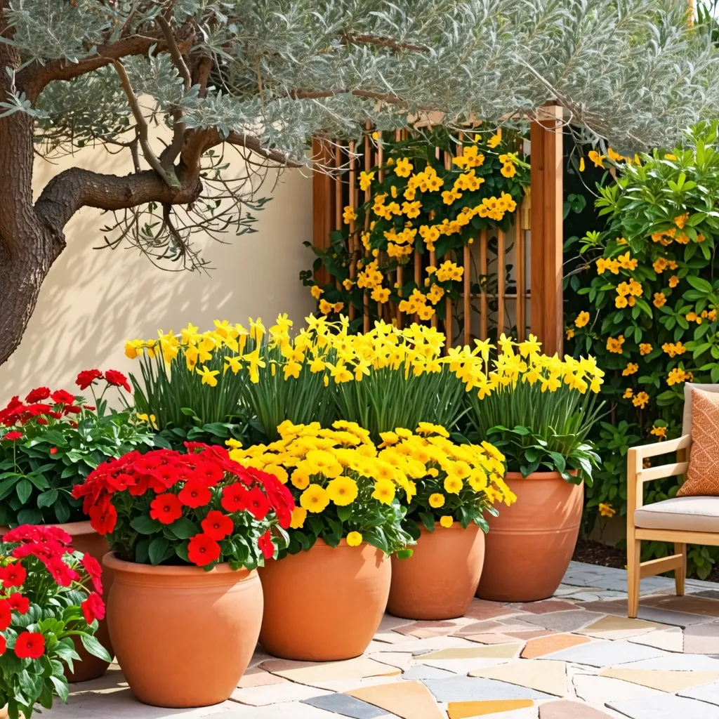 Jardín colorido y acogedor con flores primaverales en macetas.