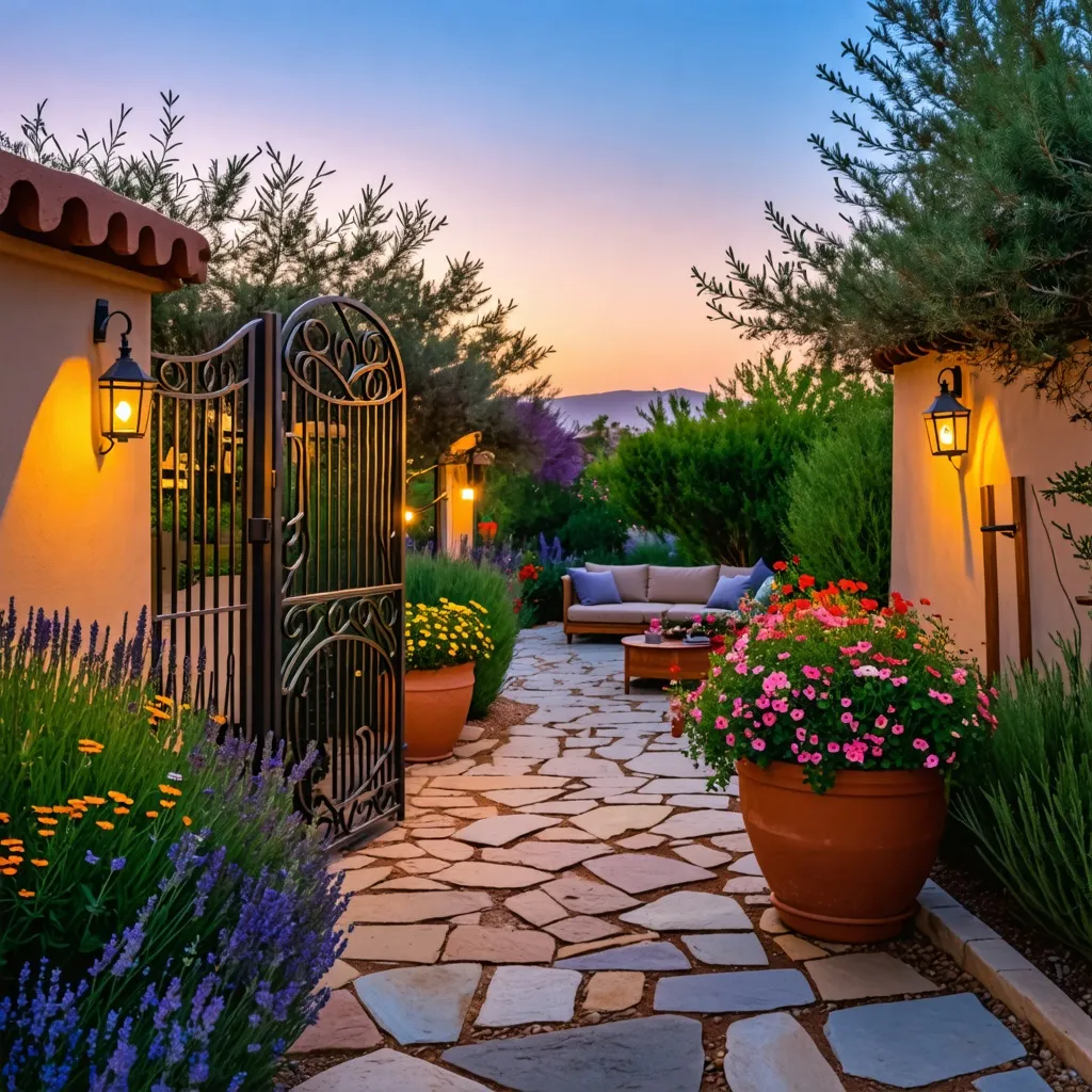 Jardín encantador al atardecer, un oasis de belleza y tranquilidad.