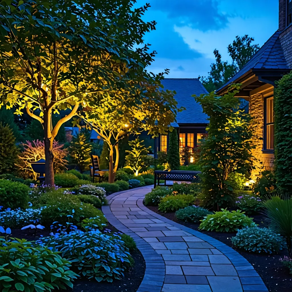 Jardín iluminado en la noche, un oasis de belleza y tranquilidad.