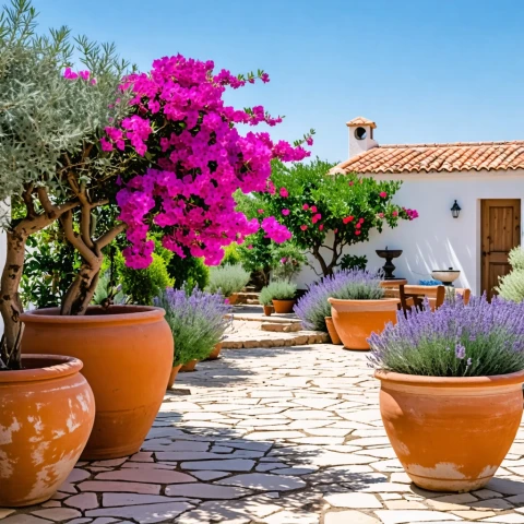 Jardín mediterráneo con flores y plantas en macetas de cerámica.