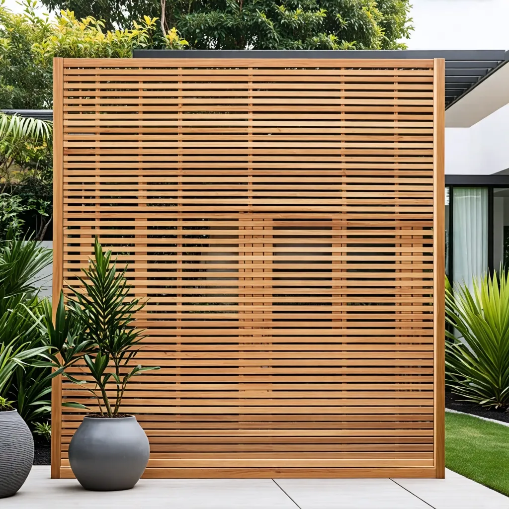 Jardín moderno y minimalista con pantalla de madera y plantas tropicales.