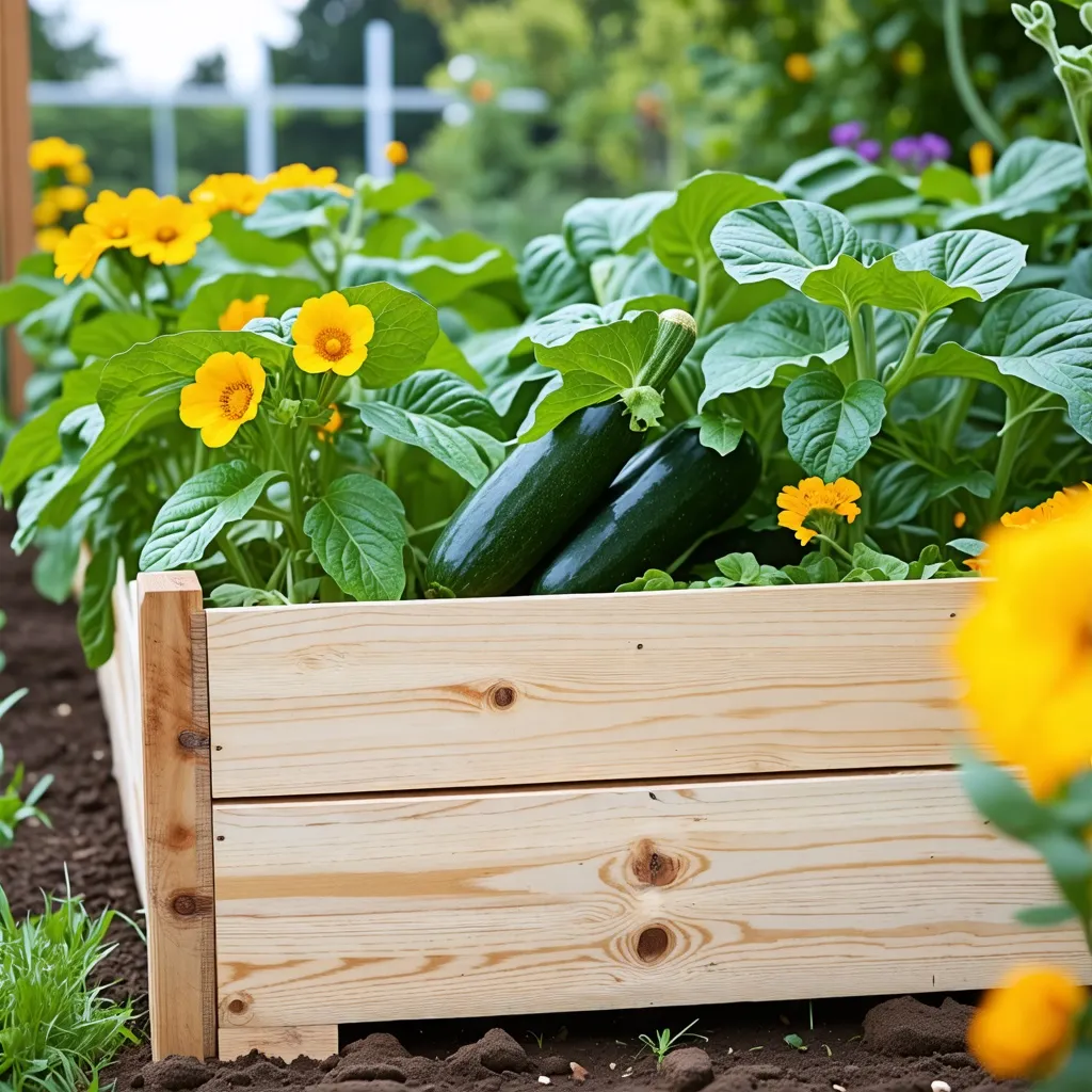 Jardín orgánico con verduras y flores coloridas en maceta de madera.