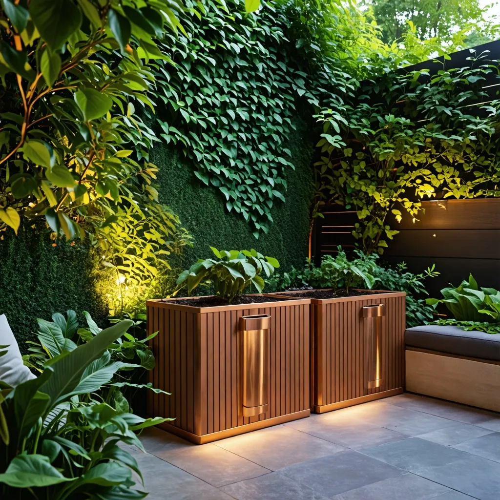 Jardín urbano acogedor con iluminación cálida y diseño moderno.