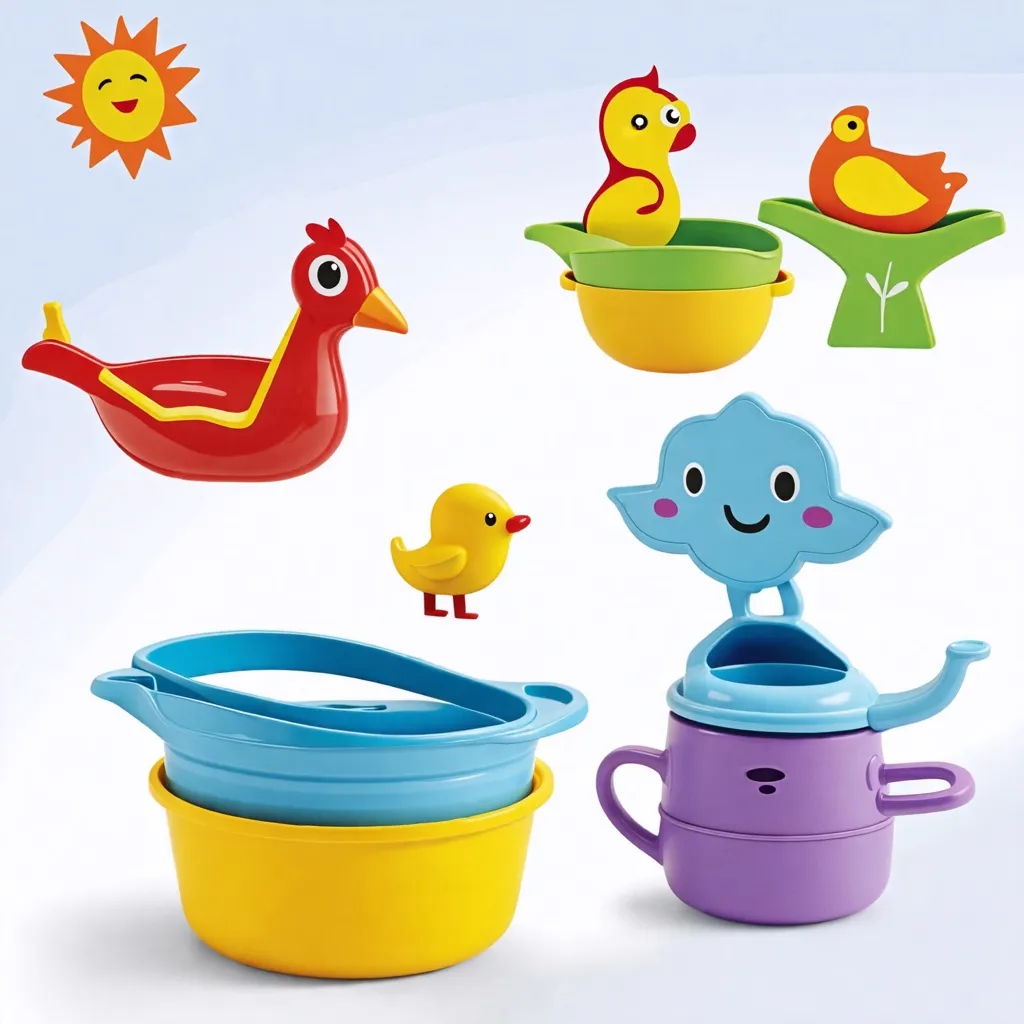 Juguetes de baño coloridos y alegres para niños pequeños.
