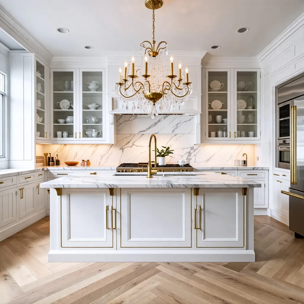 Lujosa cocina con detalles dorados y marmol elegante.