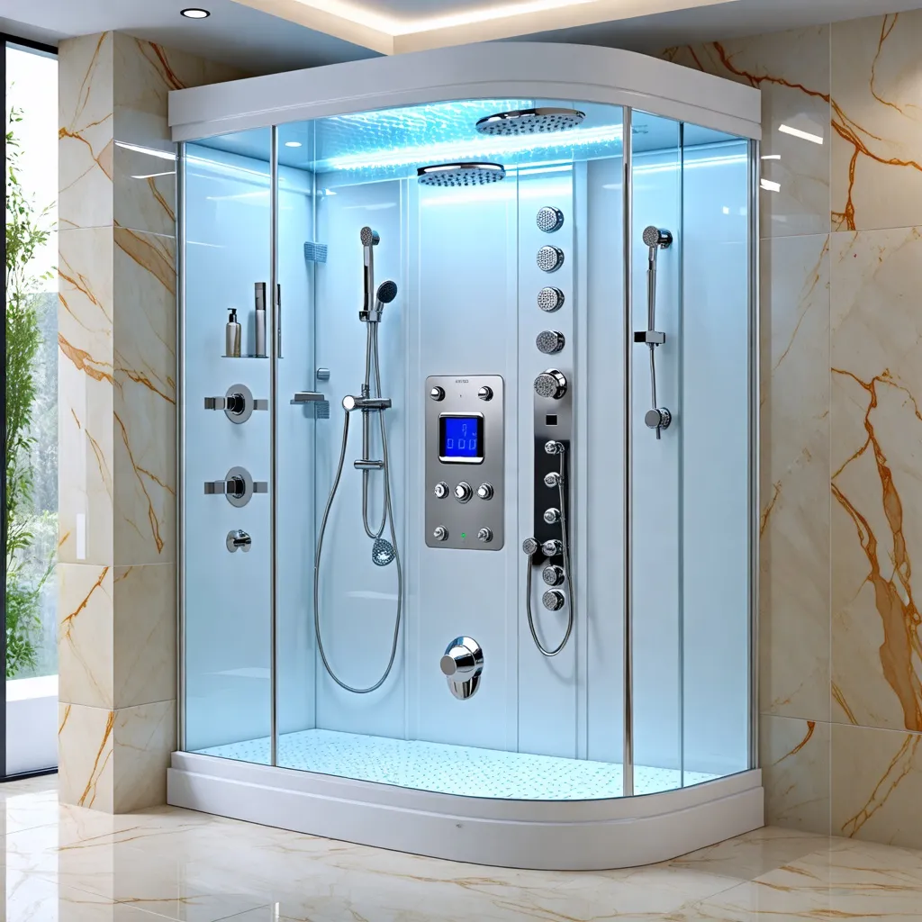 Lujoso baño con ducha de hidromasaje, diseño moderno y elegante.